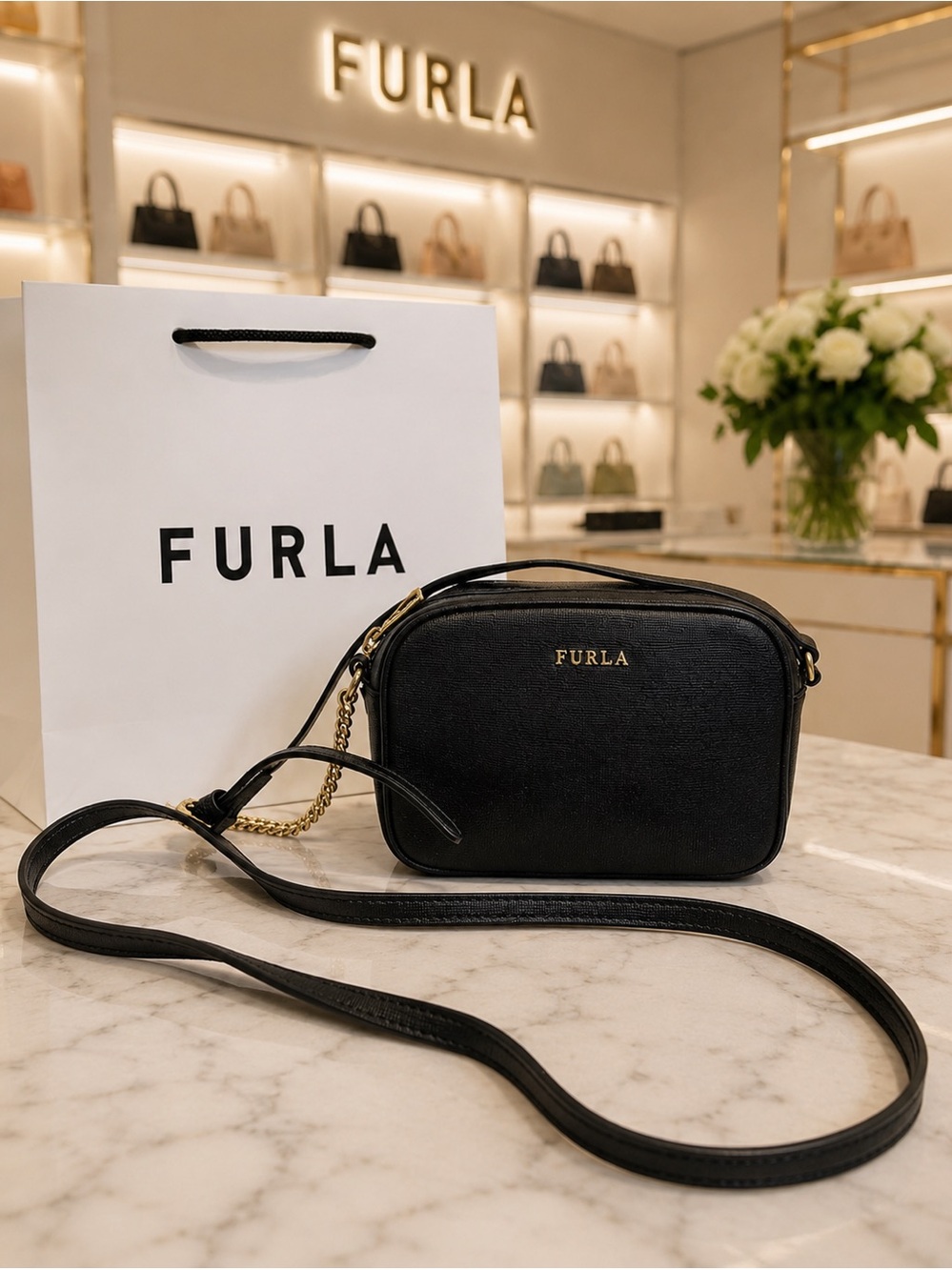 Furla Black Saffiano Leather Crossbody Camera Bag with Gold Logo - Picture 3 of 13